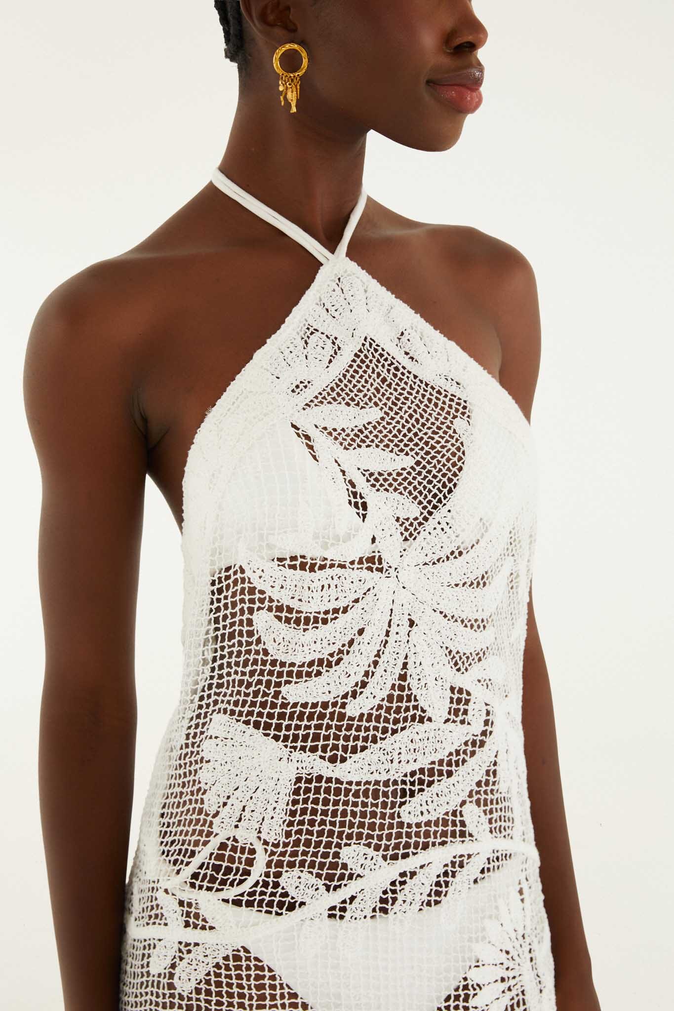Vestido Midi Blanco de Crochet con Cuello Halter Transparente