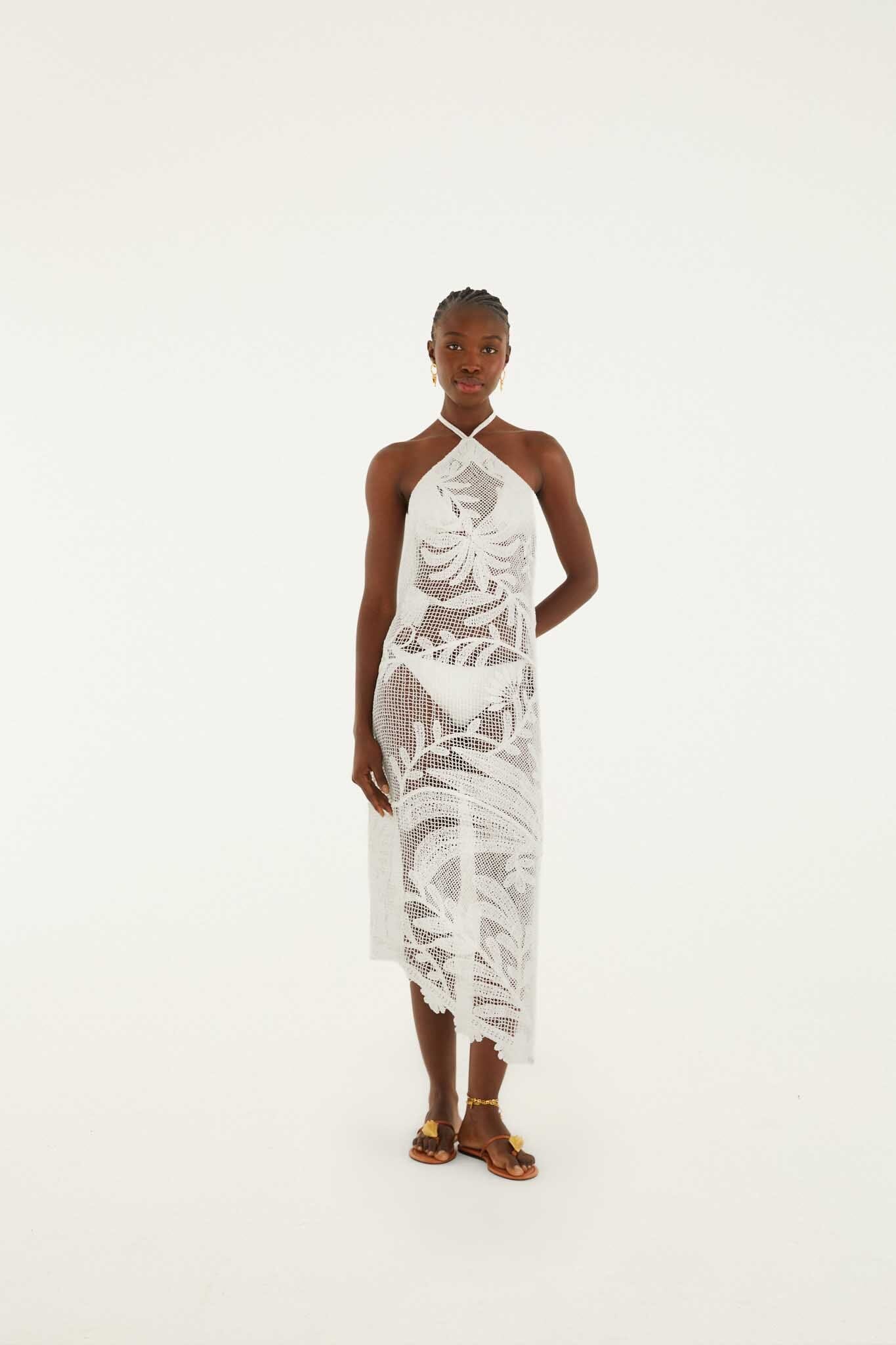 Vestido Midi Blanco de Crochet con Cuello Halter Transparente