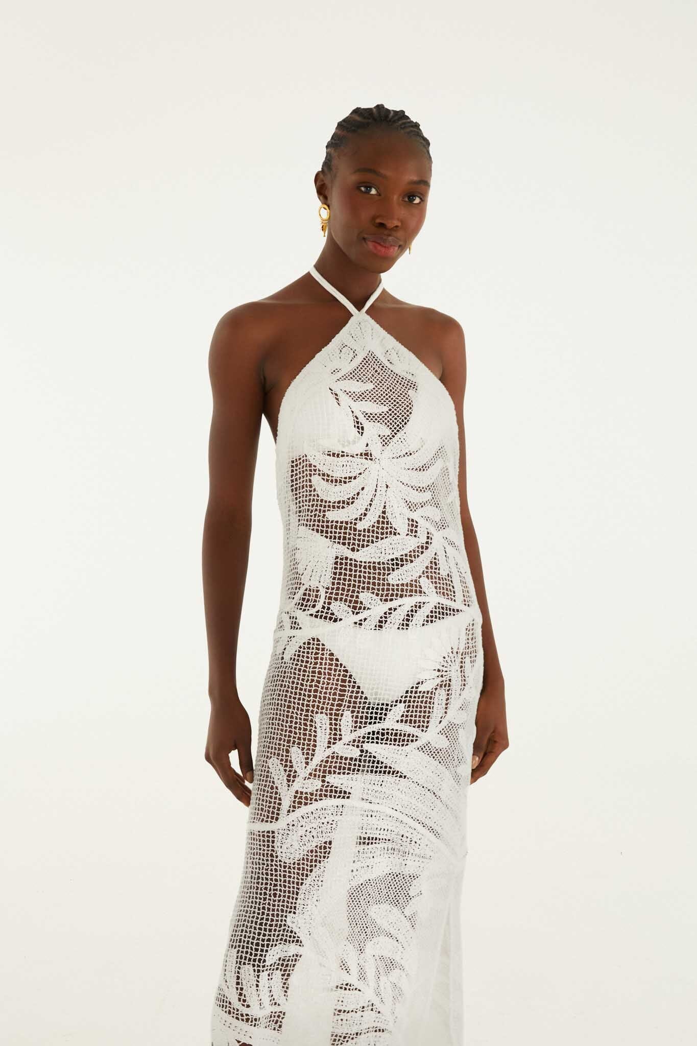 Vestido Midi Blanco de Crochet con Cuello Halter Transparente